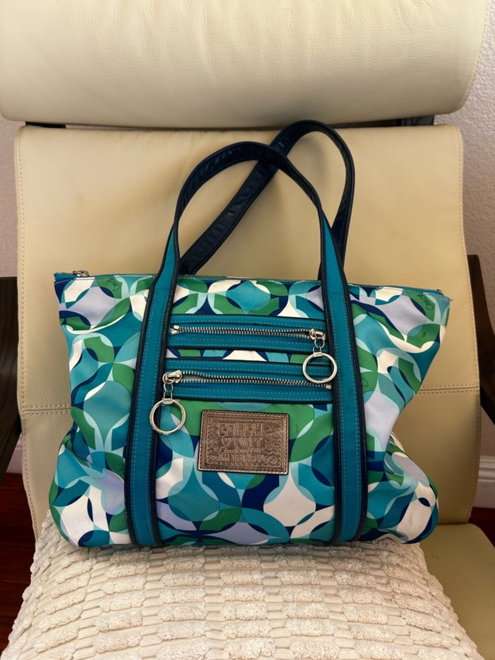 Vintage Coach Teal Multi-Color Geometric Tote